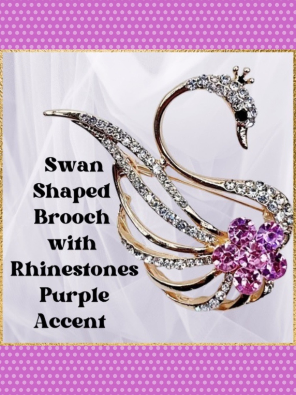 Swan-Shaped Brooch with Rhinestones on a Gold Color Alloy Base - Purple